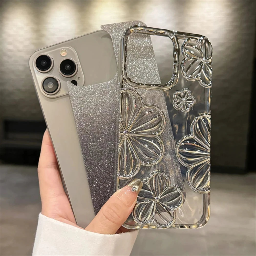 Plating Clear Bling Glitter Gradient Flowers iPhone Case