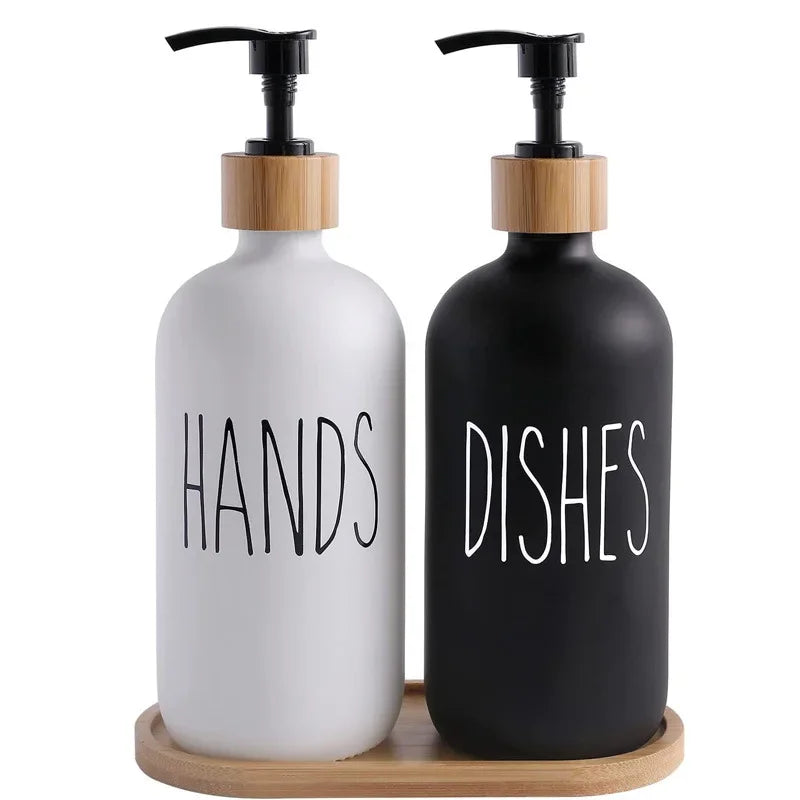 Luxury 500ml Refillable Soap Dispenser Set with Wood Tray – Hand Soap & Dish Detergent Bottles for Kitchen Sink or Bathroom Countertop