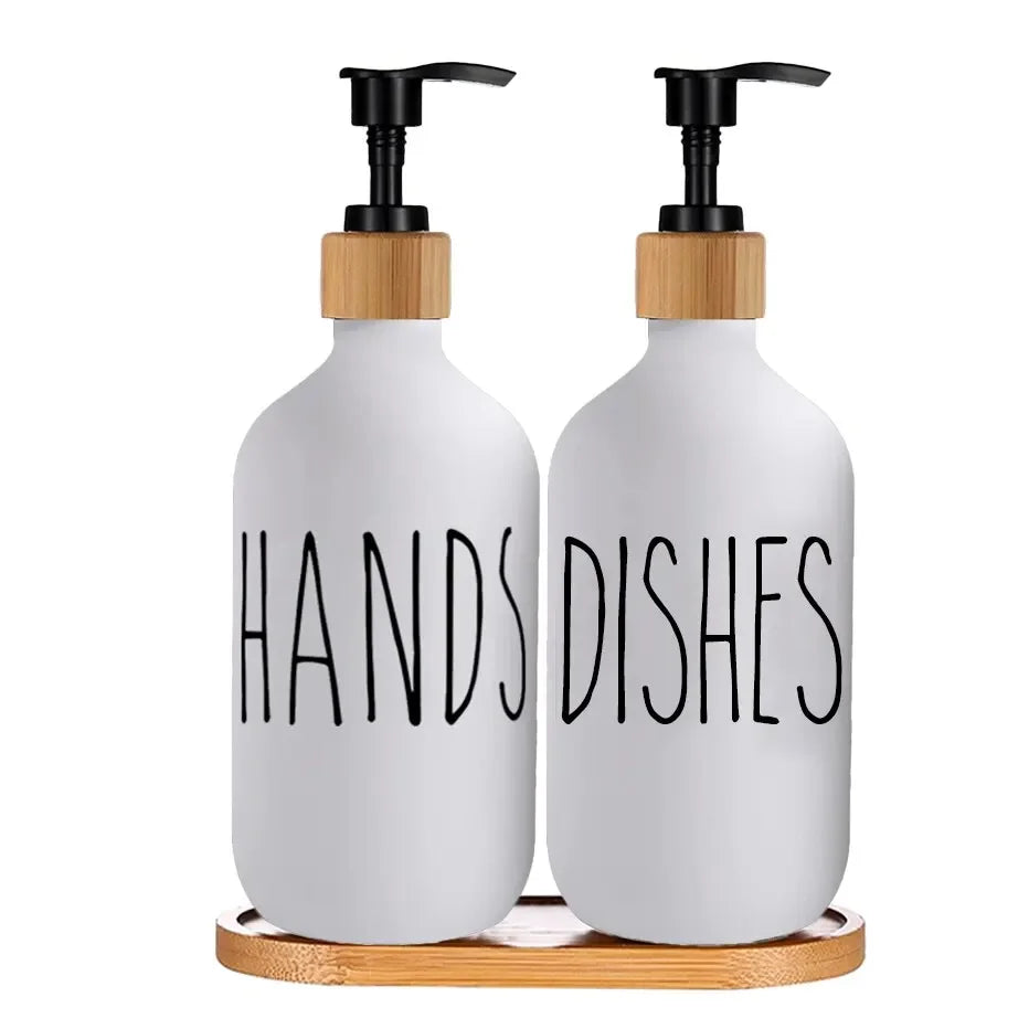 Luxury 500ml Refillable Soap Dispenser Set with Wood Tray – Hand Soap & Dish Detergent Bottles for Kitchen Sink or Bathroom Countertop