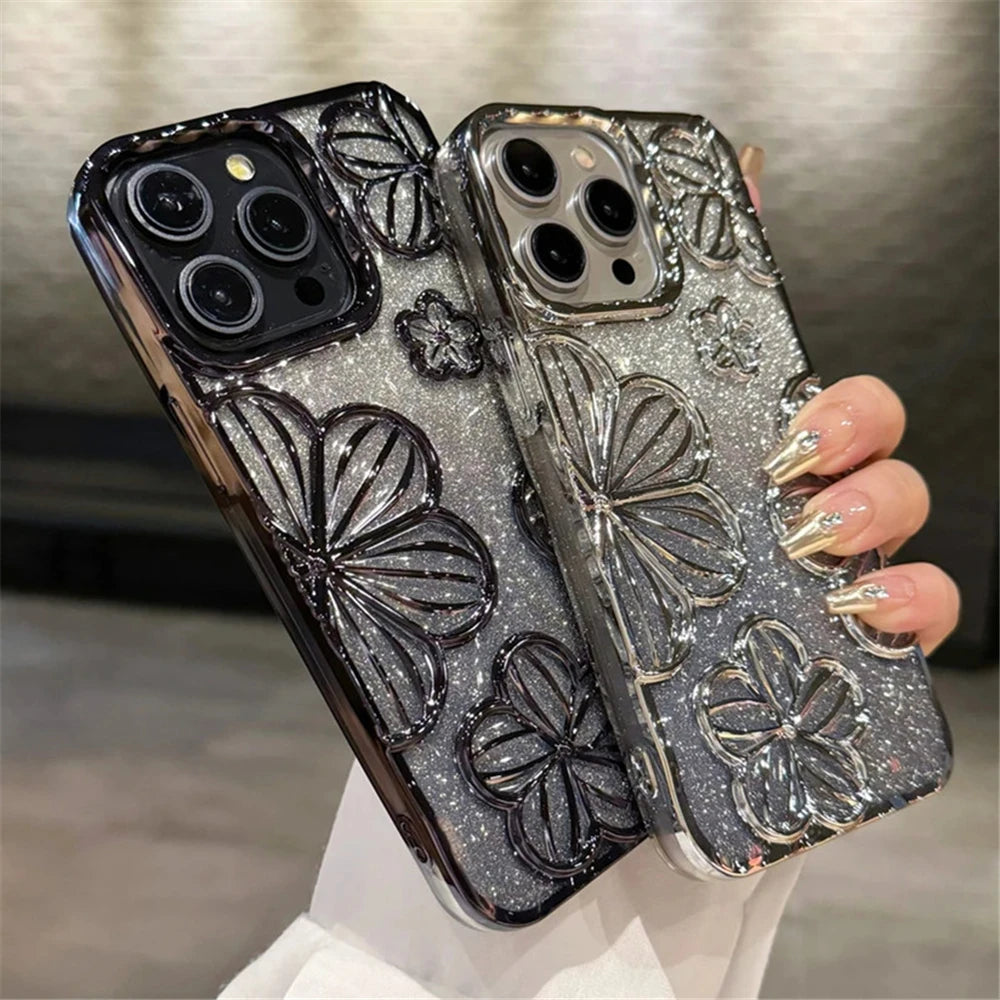 Plating Clear Bling Glitter Gradient Flowers iPhone Case