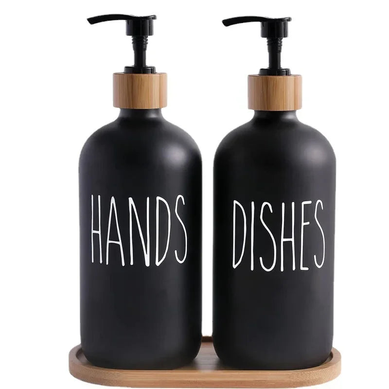 Luxury 500ml Refillable Soap Dispenser Set with Wood Tray – Hand Soap & Dish Detergent Bottles for Kitchen Sink or Bathroom Countertop