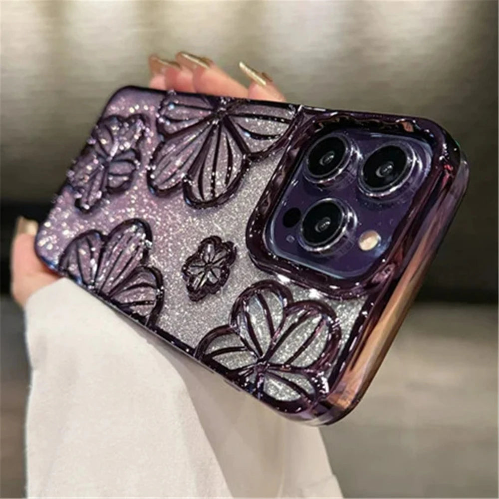Plating Clear Bling Glitter Gradient Flowers iPhone Case