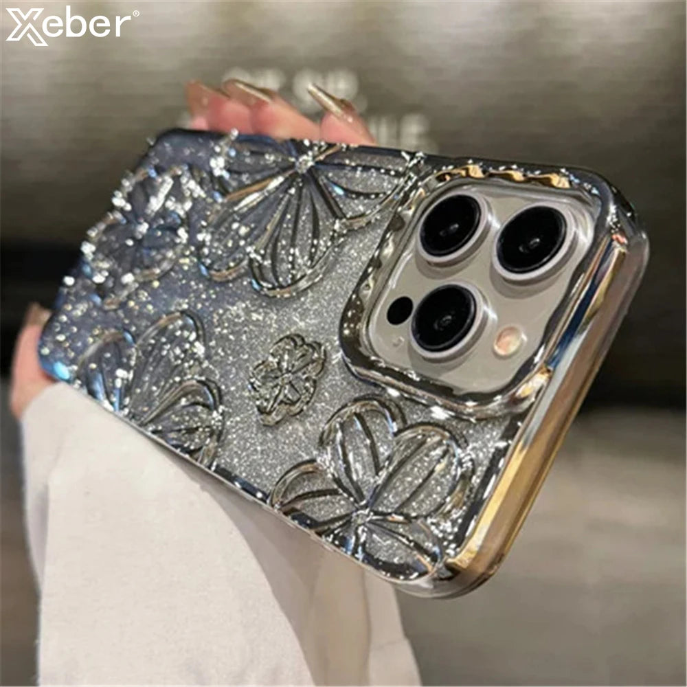 Plating Clear Bling Glitter Gradient Flowers iPhone Case