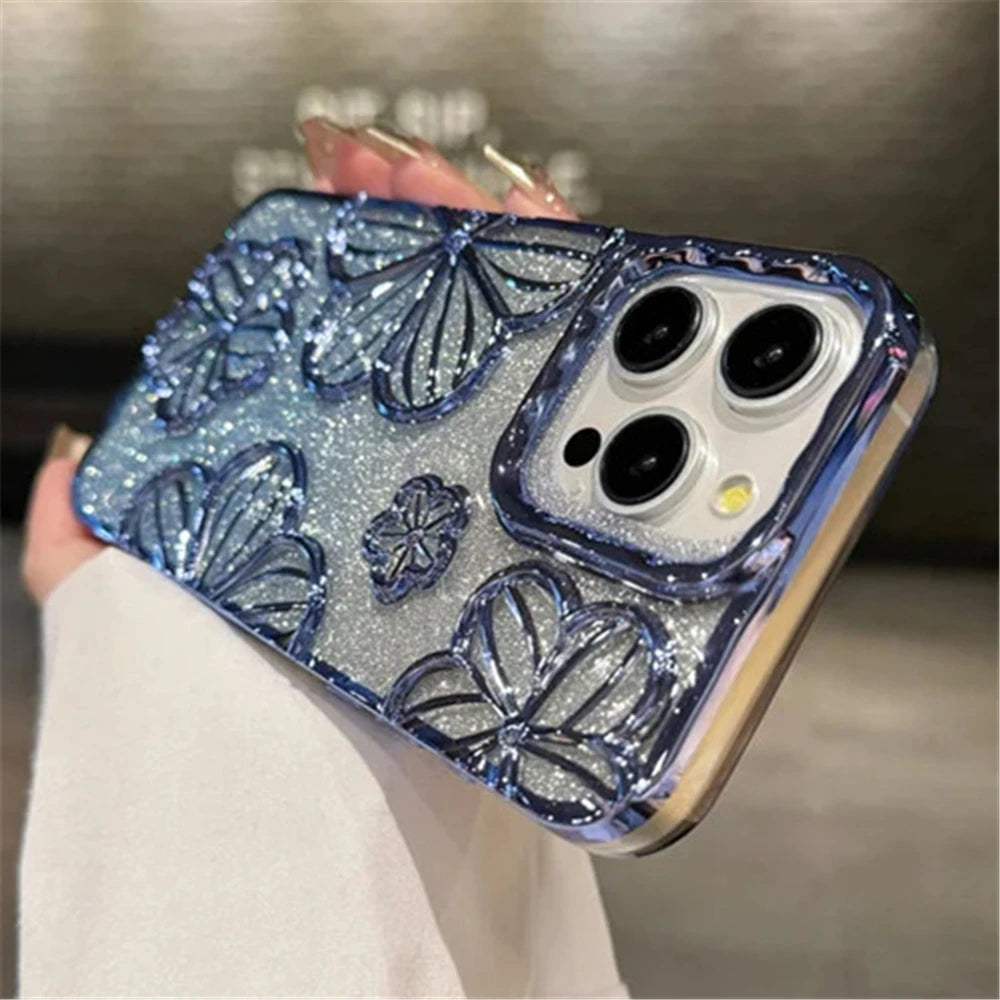 Plating Clear Bling Glitter Gradient Flowers iPhone Case