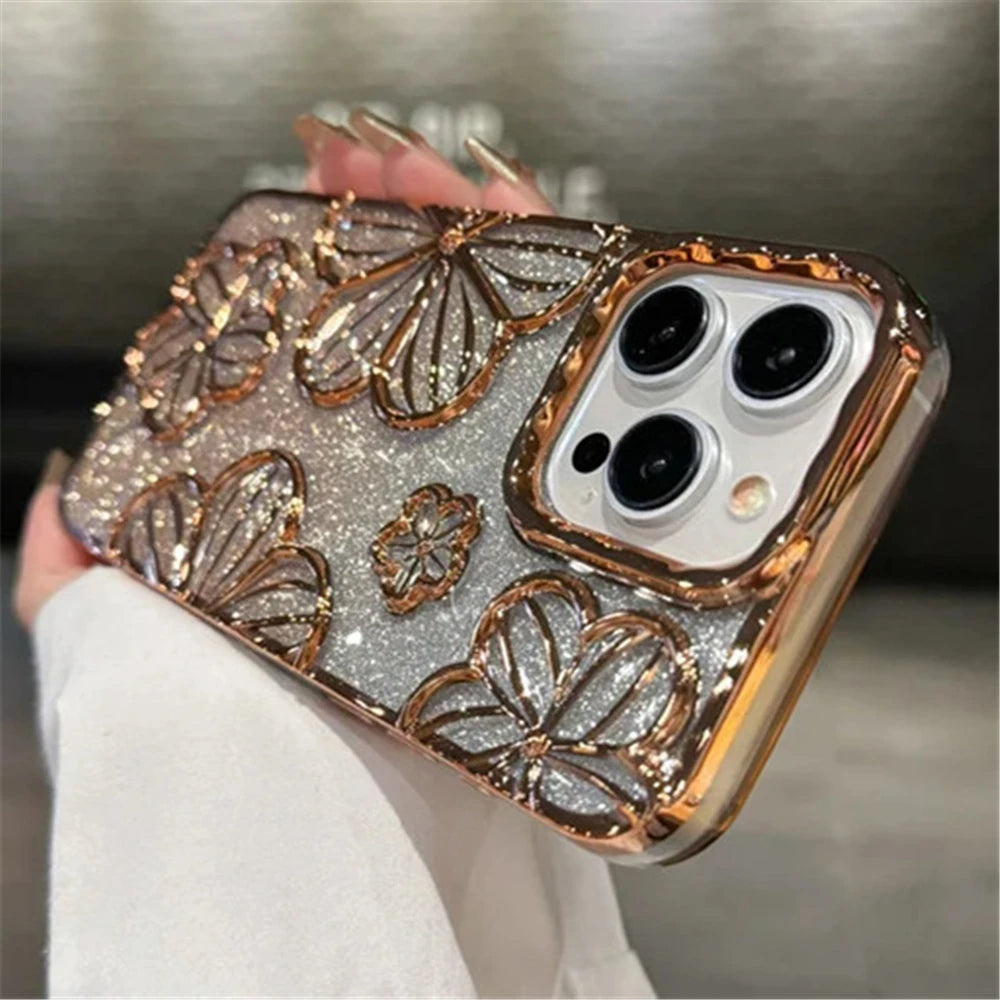 Plating Clear Bling Glitter Gradient Flowers iPhone Case