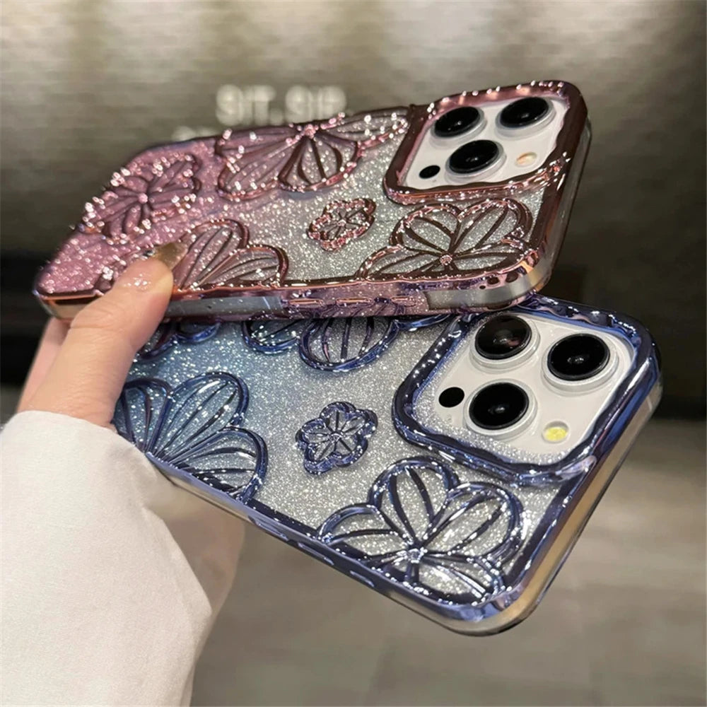 Plating Clear Bling Glitter Gradient Flowers iPhone Case