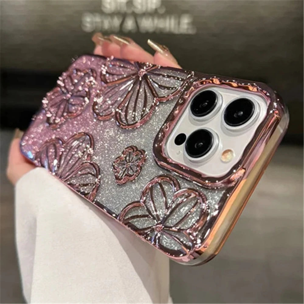 Plating Clear Bling Glitter Gradient Flowers iPhone Case