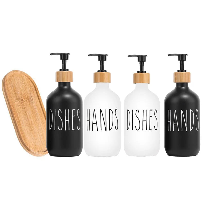 Luxury 500ml Refillable Soap Dispenser Set with Wood Tray – Hand Soap & Dish Detergent Bottles for Kitchen Sink or Bathroom Countertop