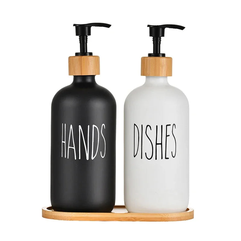 Luxury 500ml Refillable Soap Dispenser Set with Wood Tray – Hand Soap & Dish Detergent Bottles for Kitchen Sink or Bathroom Countertop