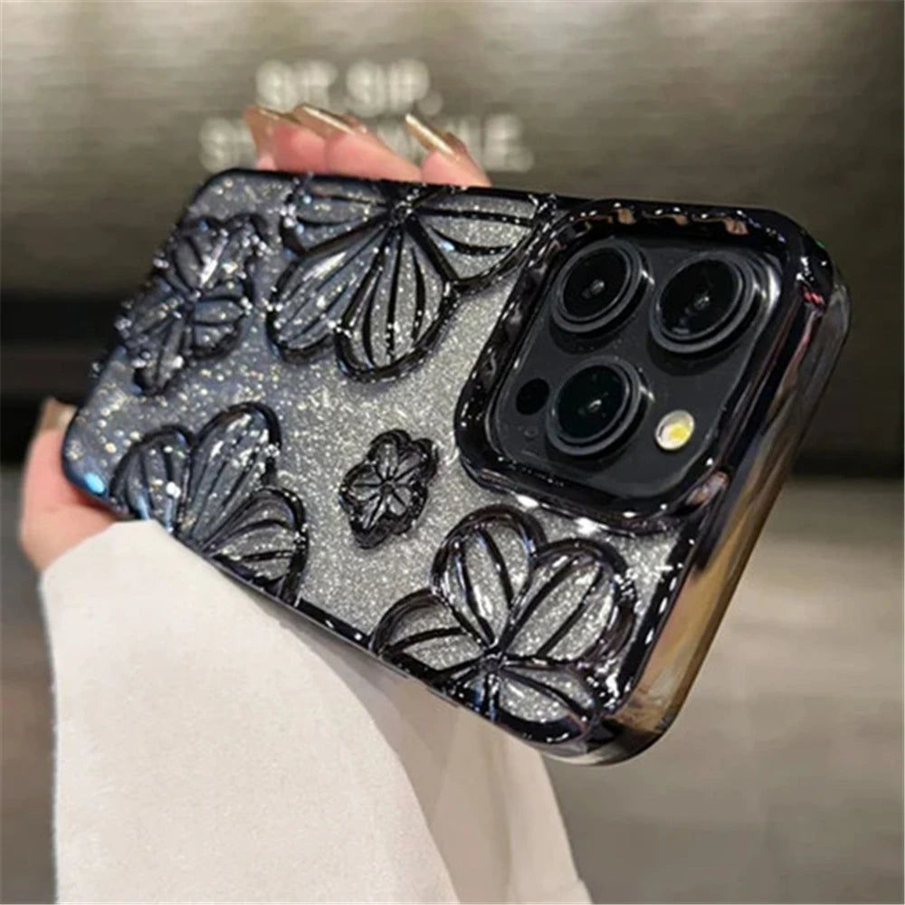 Plating Clear Bling Glitter Gradient Flowers iPhone Case
