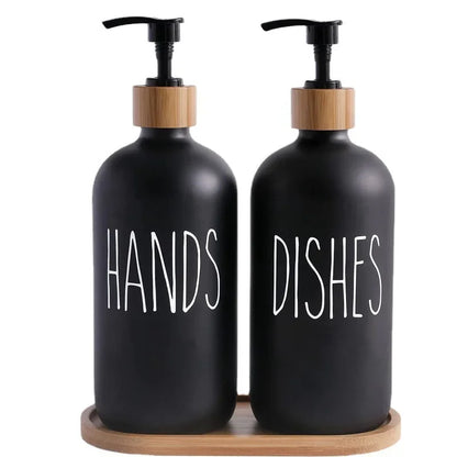 Luxury 500ml Refillable Soap Dispenser Set with Wood Tray – Hand Soap & Dish Detergent Bottles for Kitchen Sink or Bathroom Countertop