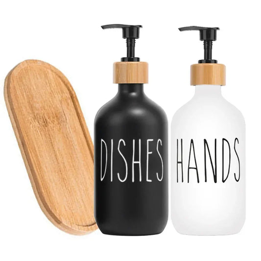 Luxury 500ml Refillable Soap Dispenser Set with Wood Tray – Hand Soap & Dish Detergent Bottles for Kitchen Sink or Bathroom Countertop