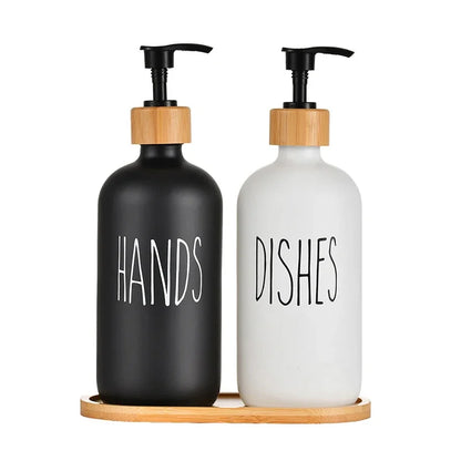 Luxury 500ml Refillable Soap Dispenser Set with Wood Tray – Hand Soap & Dish Detergent Bottles for Kitchen Sink or Bathroom Countertop